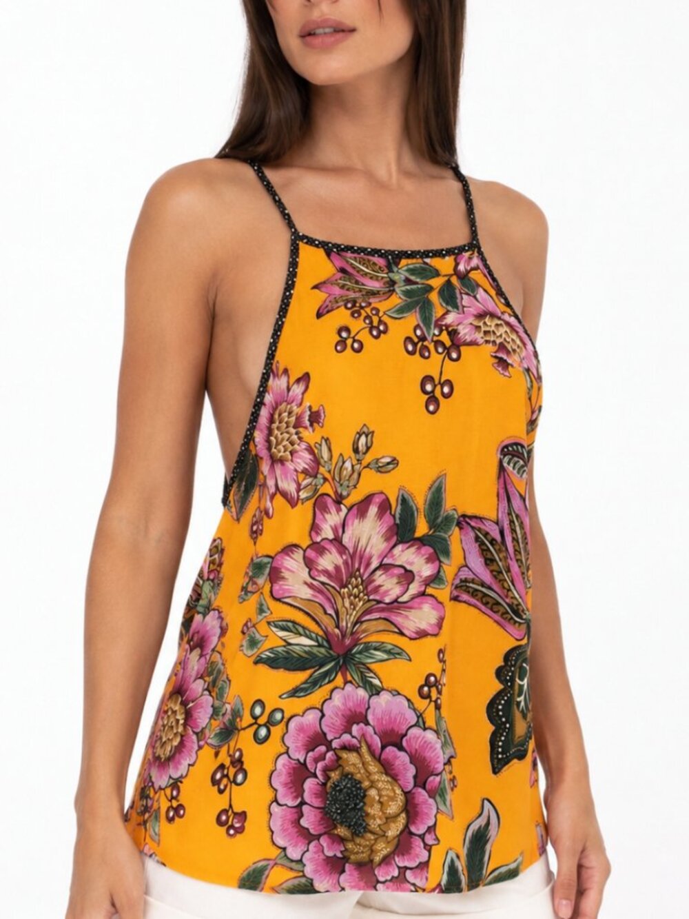 Farm Rio orange/purple florals side slits tunic/top/blouse Sz M